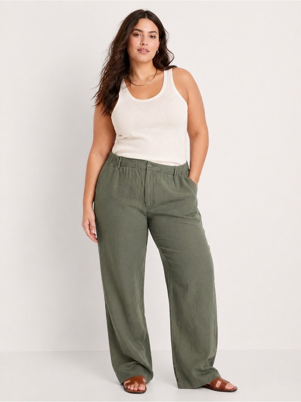 GAP Olive Green Linen Blend Straight-Leg Elastic-Waist Zip Fly Pants Comfort LT